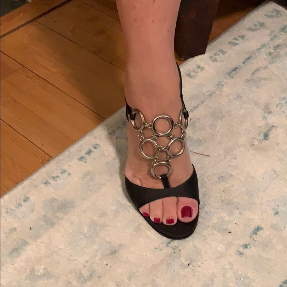 Ellen Tracy dressy black and silver sling backs.
